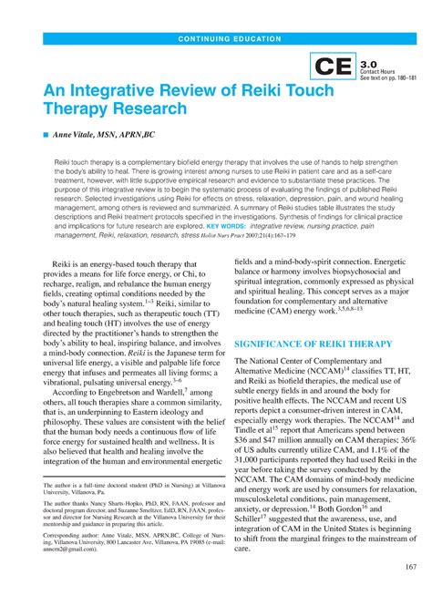 An Integrative Review Of Reiki Touch Therapy Research Author Anne