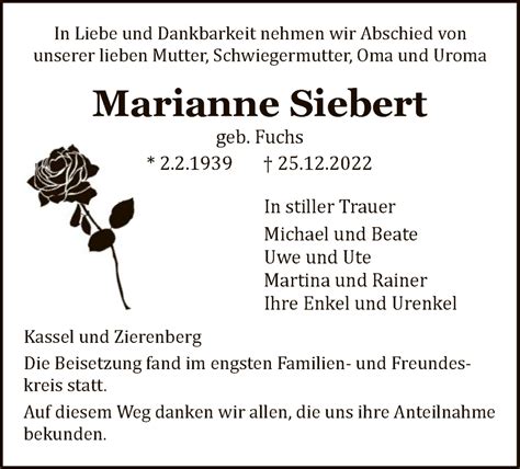 Traueranzeigen Von Marianne Siebert Trauer Hna De