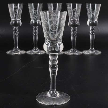 SNAPSGLAS 6 Stycken Gustav III S Monogram Reijmyre 1900 Tal Glas