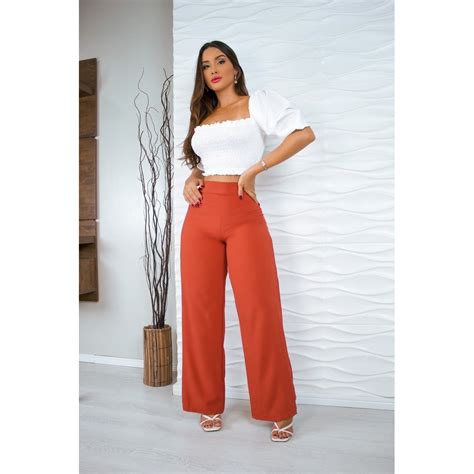 Calça Pantalona Lisa Moda Feminina Ziper Shopee Brasil