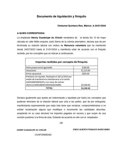 Documento De Liquidación Y Finiquito Pdf