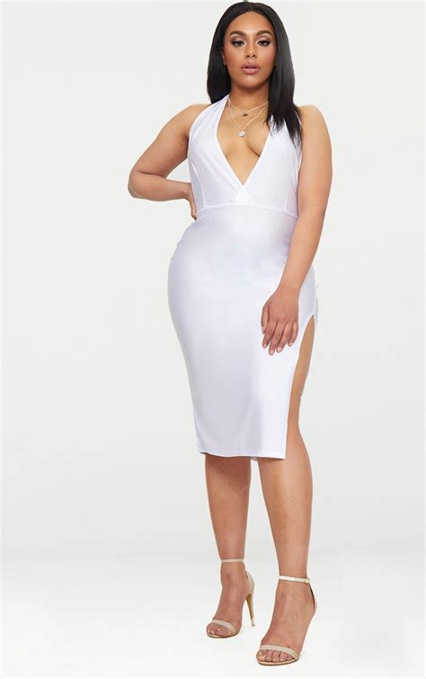 Plus White Disco Slinky Halterneck Midi Dress Prettylittlething Usa