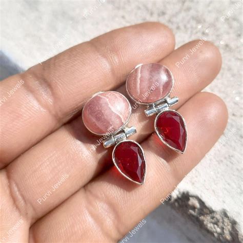 Boucles D Oreilles Clous En Argent Sterling 925 Grenat Rhodochrosite