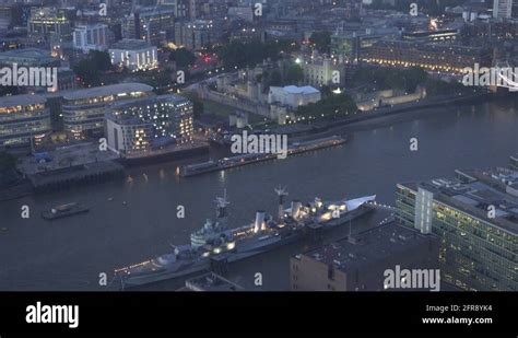 4k Aerial View London Downtown Cityscape Hms Belfast Royal Naval Museum