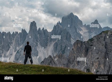 Hiking on Dolomites' most famous trail of Lavaredo Three Peaks Stock ...