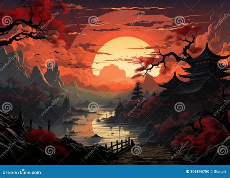 Illustration of Japanese Beautiful Landscapes during Japanese Cherry ...