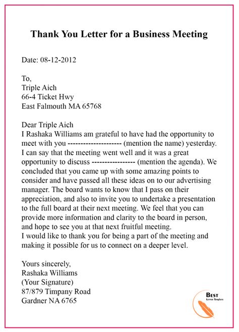 Thank You Letter After Business Meeting Sample And Examples