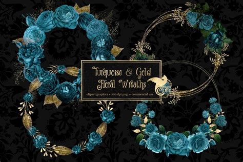 Blue Roses And Gold Floral Wreaths On A Black Background