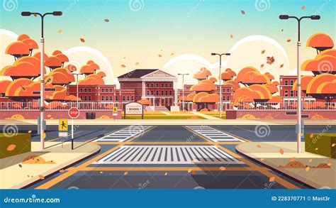 School Building Empty Front Yard With Road Crosswalks Autumn Cityscape Background Cartoon Vector ...