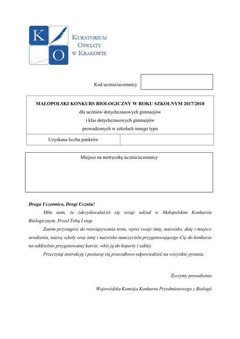 PDF Kod ucznia uczennicy Kuratorium Oświaty w Krakowie MAŁOPOLSKI