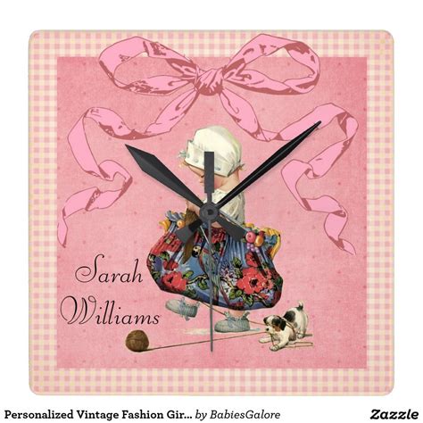 Personalized Vintage Fashion Girl Pink Ribbon Square Wall Clock