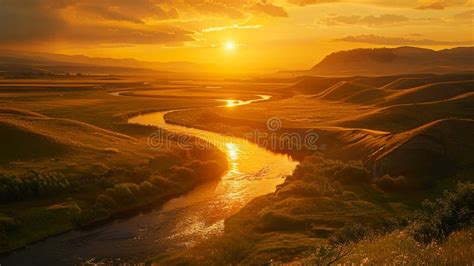 A Slow Moving River Meandering Through A Peaceful Valley At The Golden