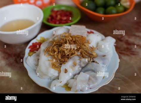 Traditional Vietnamese Banh Coun street food meal of rice stuffed ...