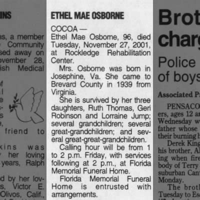 Obituary For Ethel Mae Osborne Aged Newspapers