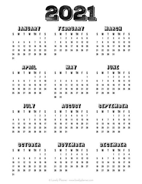 Printable Calendar 2021 One Page Yearly Calendar Blank Calendar ...