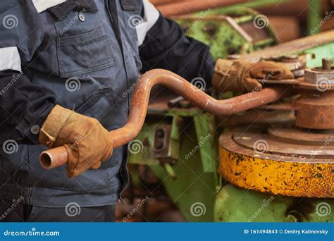 Worker Bending Steel Pipe On Bending Machine Stock Image Image Of