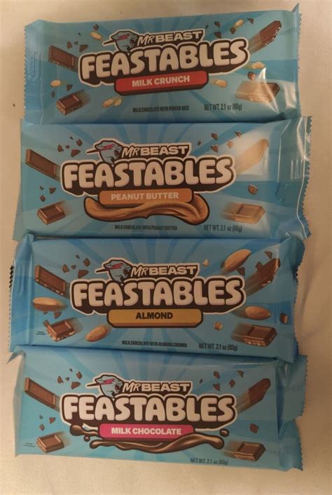 Mr Beast Feastables 4 pack. Milk Choc., Peanut Butter, Almond, Crunch 2 ...