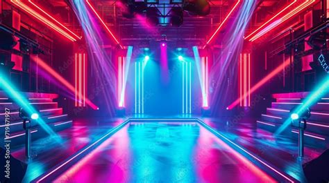 Bright Modern Futuristic Concert Stage With Dynamic Neon Red Blue