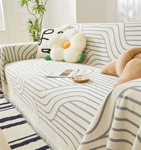 Striped Sofa Cover White Soft Chenille Non-slip Washable Cushion Couch ...