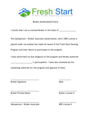 Fillable Online Broker Authorization Form Fresh Start Housing Program