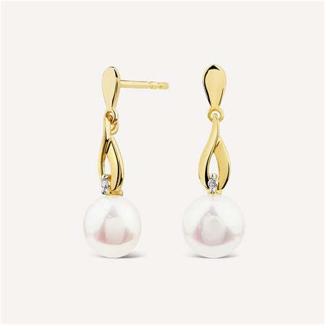 9ct Yellow Gold Freshwater Pearl And Diamond Set Drop Earrings