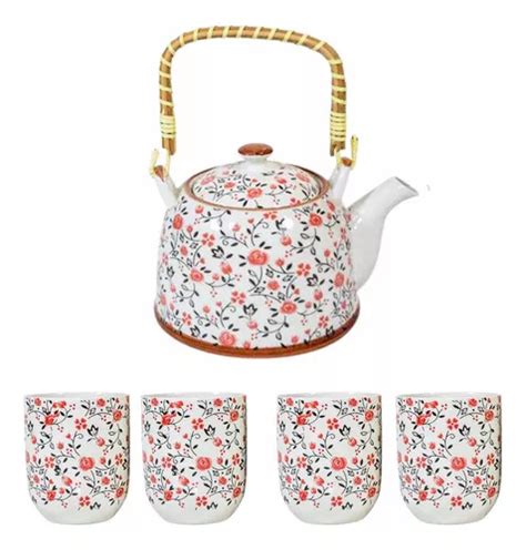 Bule Chaleira Porcelana Bambu Decorativa Copos E Infusor Cor Coral