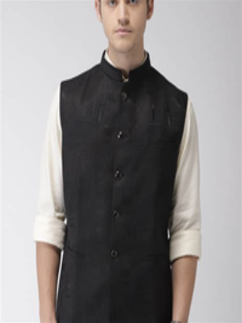 Buy Ethnix By Raymond Men Black Jaquard Woven Design Nehru Jacket - Nehru Jackets for Men ...