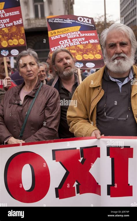 Greeks Protest With Banner No Against Austerity Measures Of Current