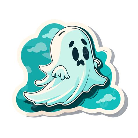 Sticker With A Cartoon Ghost On A Blue And Gray Colored Background