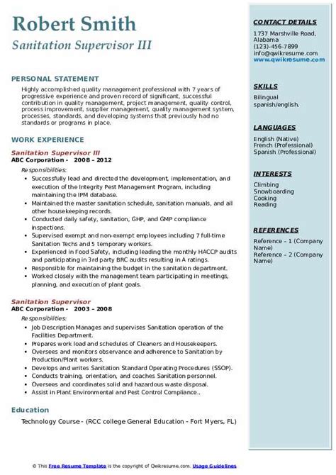 Sanitation Supervisor Resume Samples Qwikresume