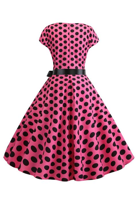 Zapaka Women Pink Black Polka Dots 1950s Dress Cap Sleeves A Line