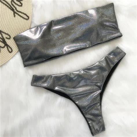 2018 Sexy Bandeau Bikini Leather Swimwear Women Swimsuit Thong Bottom