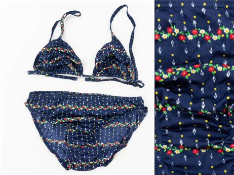 Vintage Bikini 1980s 2 Piece Swimsuit Floral Swimsuit Blue Multicolor High Waist 80s
