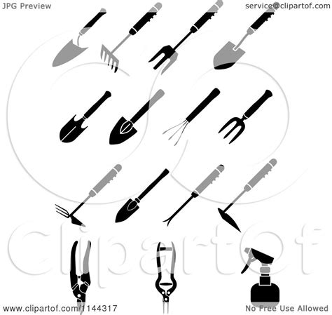 Clipart of Black and White Garden Hand Tools - Royalty Free Vector Illustration by Frisko #1144317