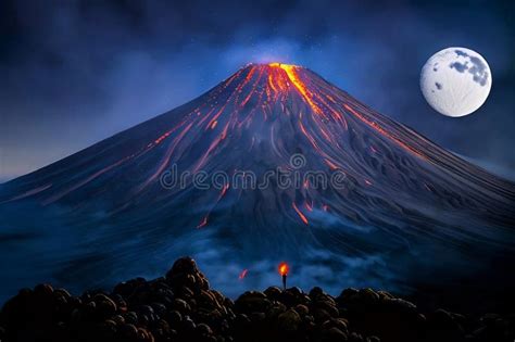 Volcano Erupting Lava on a Full Moon Night Generative AI Stock ...