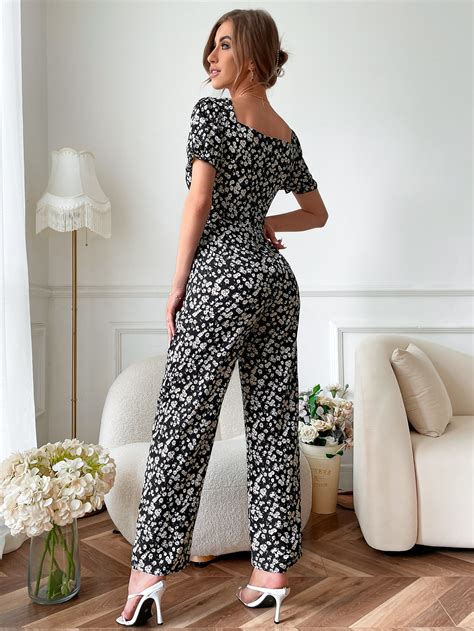 Shein Lune Jumpsuit Floral De Manga Farol Escote Coraz N Con Bolsillos