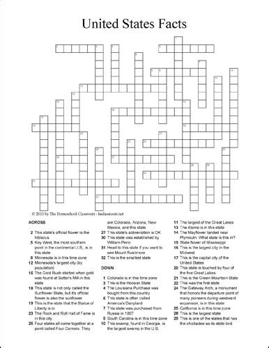 U.S. State Facts Crossword Puzzle Printable