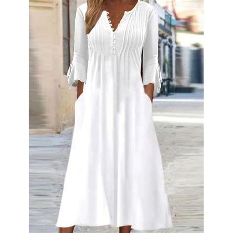 Vintage Solid Color V Neck Three Quarter Sleeves Midi Dress Midi