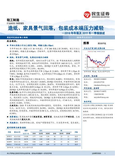 轻工制造行业2018年年报及2019年一季报综述：造纸、家具景气回落，包装成本端压力减轻