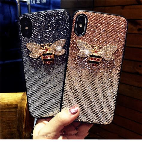 Funda de teléfono con purpurina de abeja de diamante de Metal de lujo