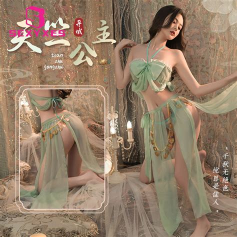 Classical Hanfu Suit Chiffon Sexy Lingerie Butterfly Lace Up Flake Skirt Performance Costume