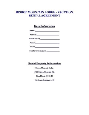 Fillable Online Bishop Mountain Lodge Vacation Rental Agreement Guest