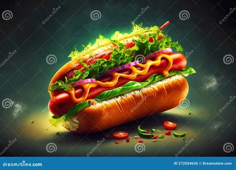 Hot Aetizing Hotdog with Spicy Ketchup, Juicy Sausage and Green Lettuce ...