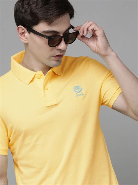 Buy U S Polo Assn Men Yellow Solid Polo Collar Slim Fit Pure Cotton T