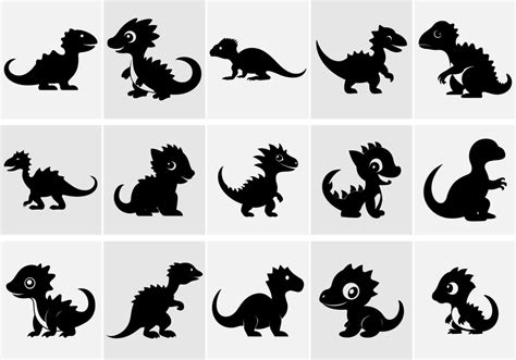 Baby Dino Black Silhouette Set Reptile Glyph Collection Predators And