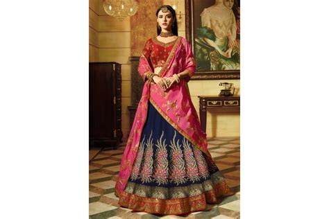 Buy Navy Blue And Pink Banarasi Silk Indian Wedding Lehenga In UK USA