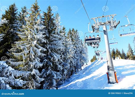 The Cableway With Tourists In Bukovel Ski Resort Stock Image Image Of