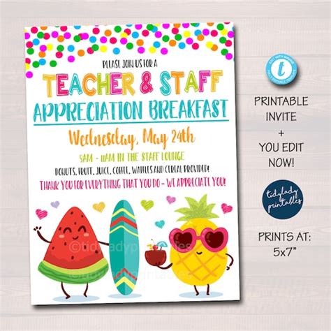 Editable Teacher Appreciation Staff Invitation Thank You Etsy