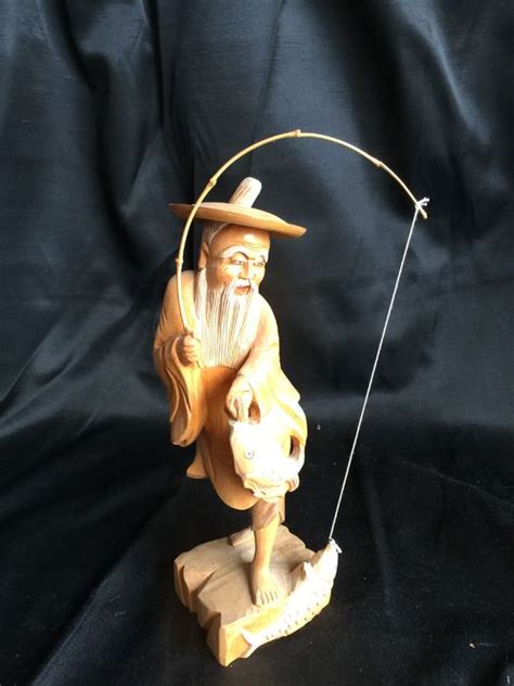 Hand Carved Wooden Chinese Fisherman Figurine