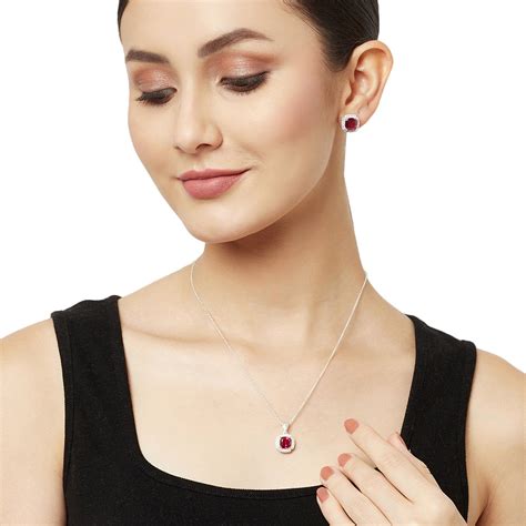 Square Cut Pink Ruby Silver Toned Sterling Silver Pendant Set Voylla